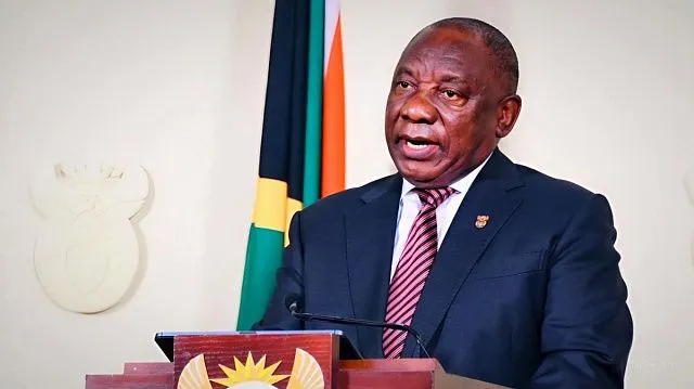 South African President Cyril Ramaphosa celebrates…